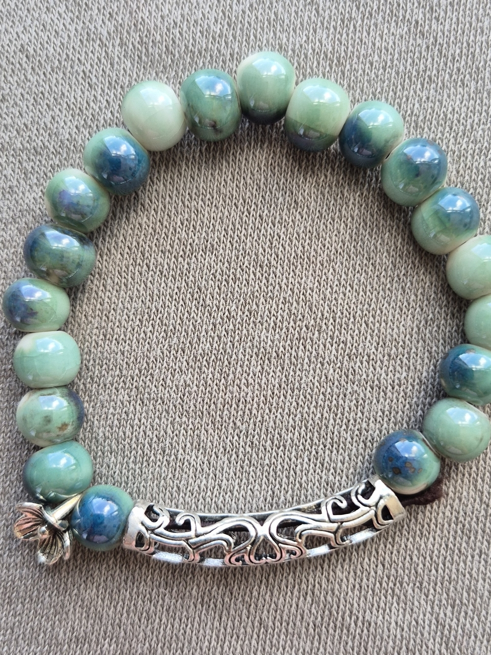Handcrafted Green and Blue Beaded Stretch Bracelet with Silver Accent